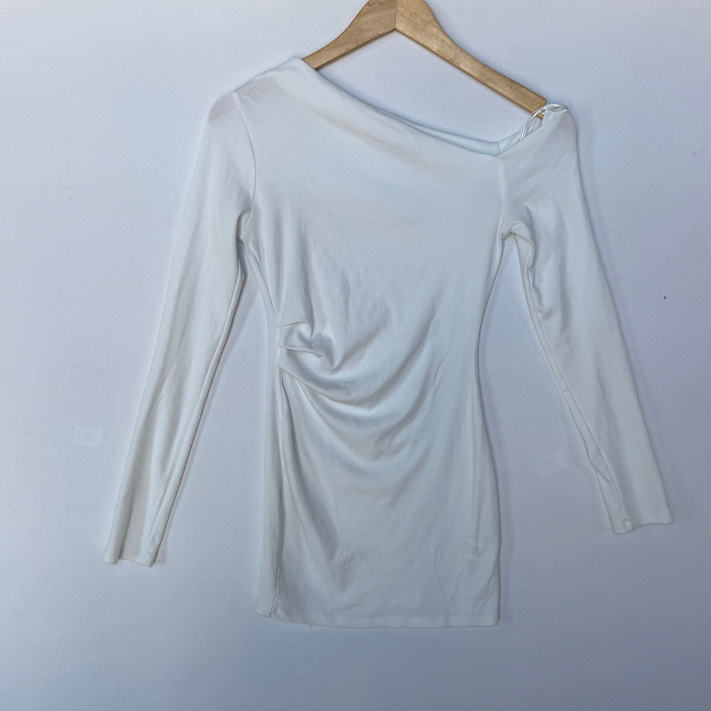 Zara Asymmetrical One Shoulder Ruched Top Women's Small White Long Sleeve